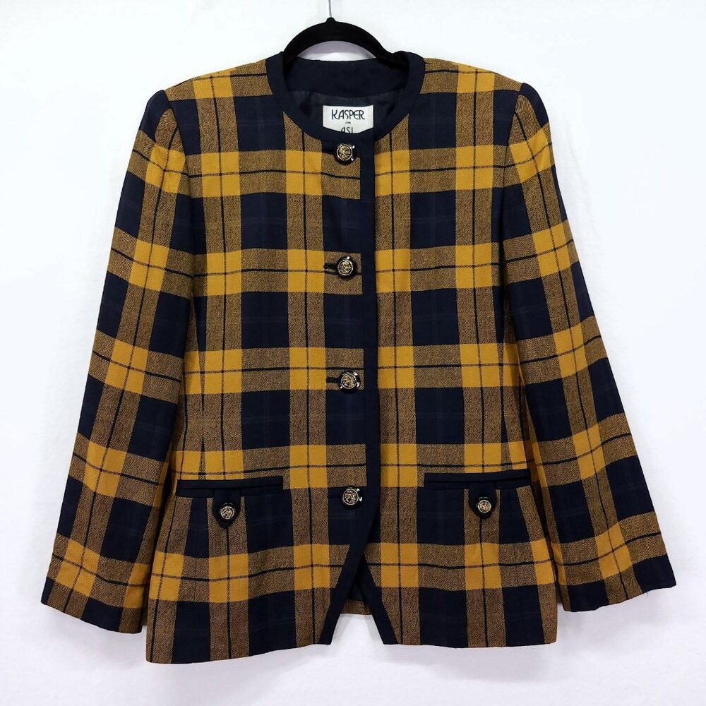 Kasper Vintage Blazer Size 10 Mustard Blue Plaid Dark Academia Jacket